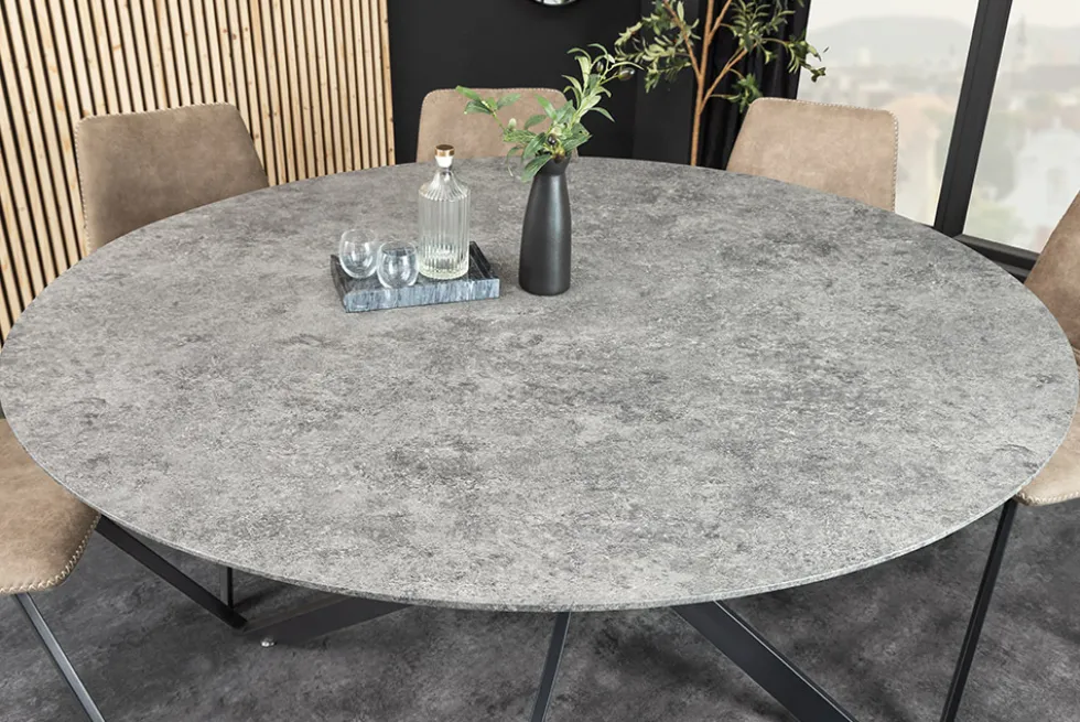 Runder Esstisch HELIX 120cm grau Beton-Design schwarze Metallbeine Sterngestell