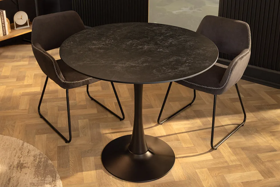 Runder Esstisch LYON 80cm anthrazit Marmor Keramik Bistrotisch schwarzer Säulenfuß