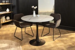 Runder Esstisch LYON 80cm weiß Marmor Keramik Bistrotisch schwarzer Säulenfuß