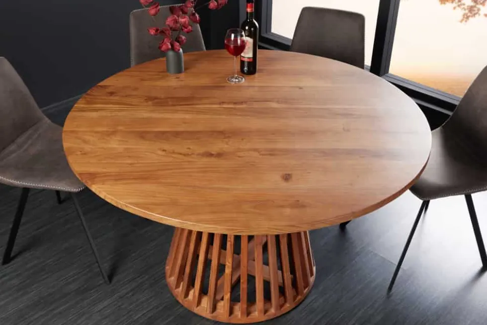 Runder Esstisch MAISON JADE 130cm natur Akazie Massivholz Säulenfuß