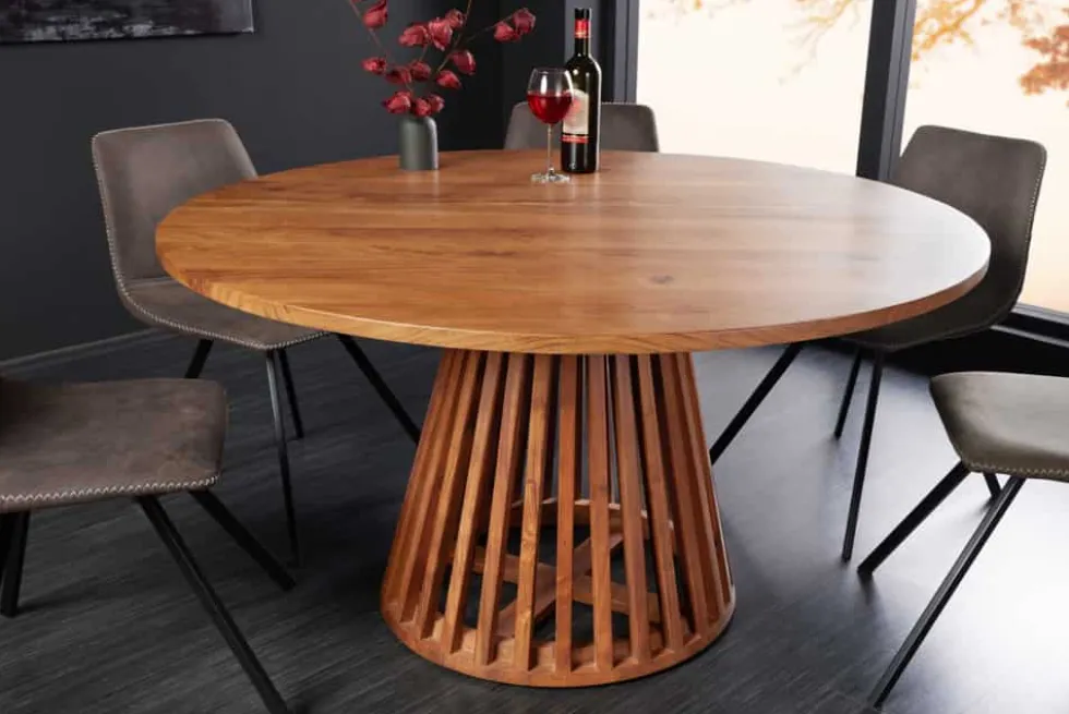 Runder Esstisch MAISON JADE 130cm natur Akazie Massivholz Säulenfuß
