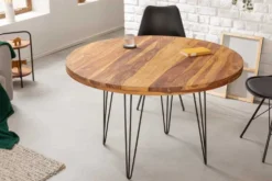 Runder Esstisch MAKASSAR 120cm braun Sheesham Massivholz stone finish Hairpin Legs