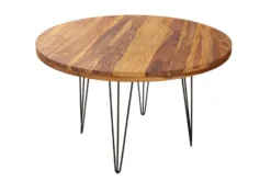 Runder Esstisch MAKASSAR 120cm braun Sheesham Massivholz stone finish Hairpin Legs
