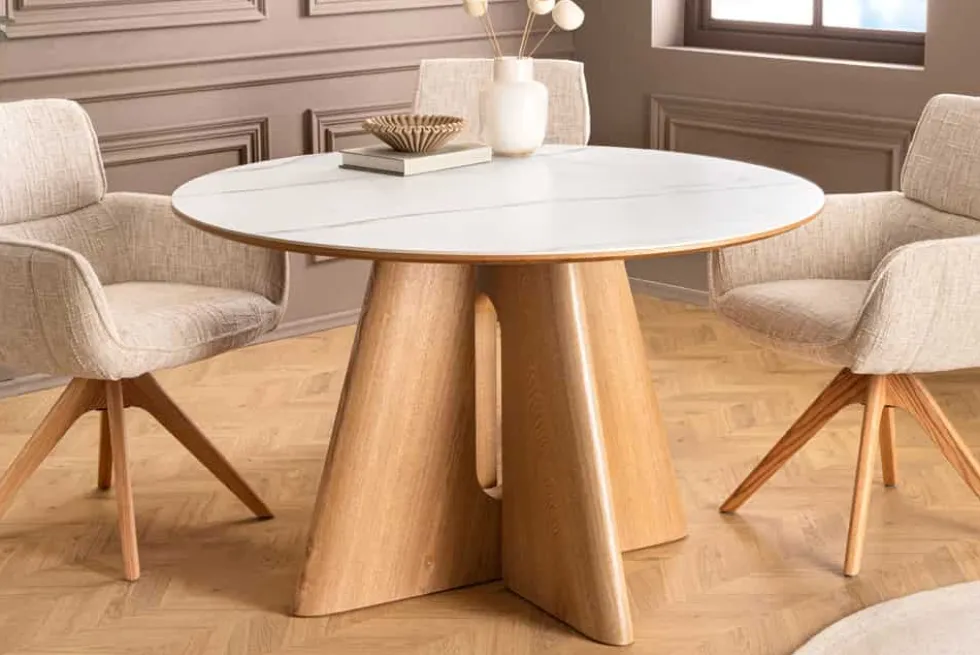 Runder Esstisch ORGANIKO 120cm weiß natur Eichenholz Keramik Marmor