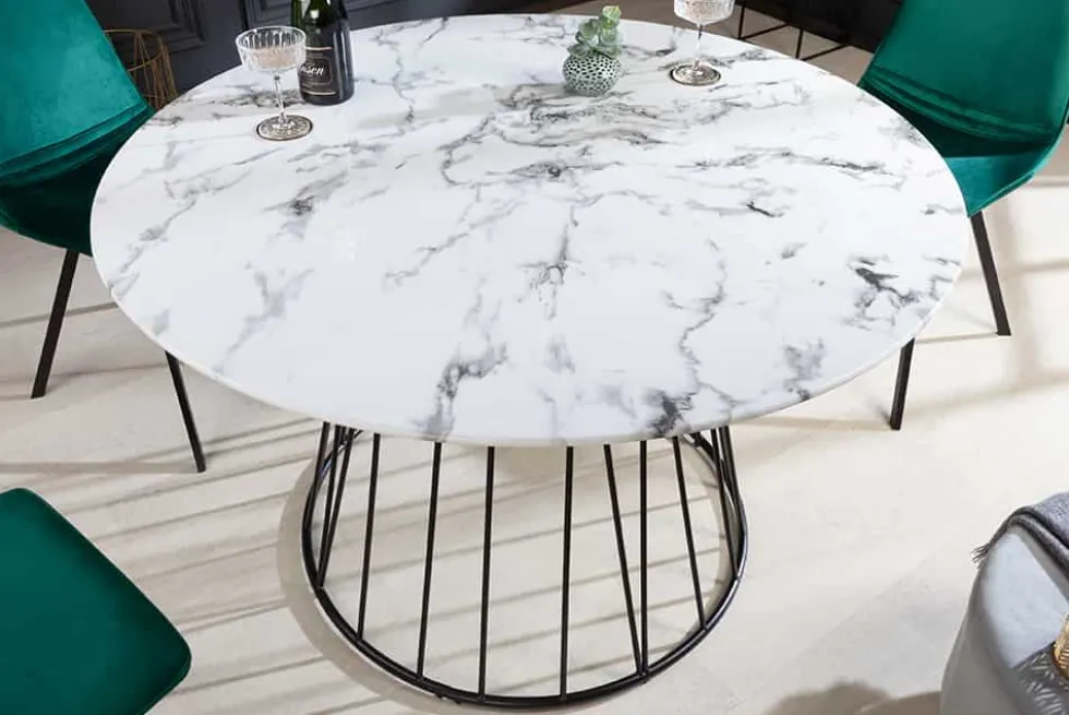 Runder Esstisch PARIS 120cm weiß Marmor-Design Glas schwarzes Metallgestell
