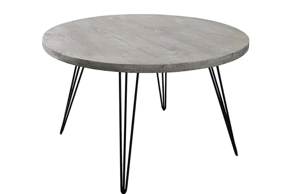 Runder Esstisch SCORPION 80cm grau Mangoholz massiv schwarze Metallbeine Hairpin Legs