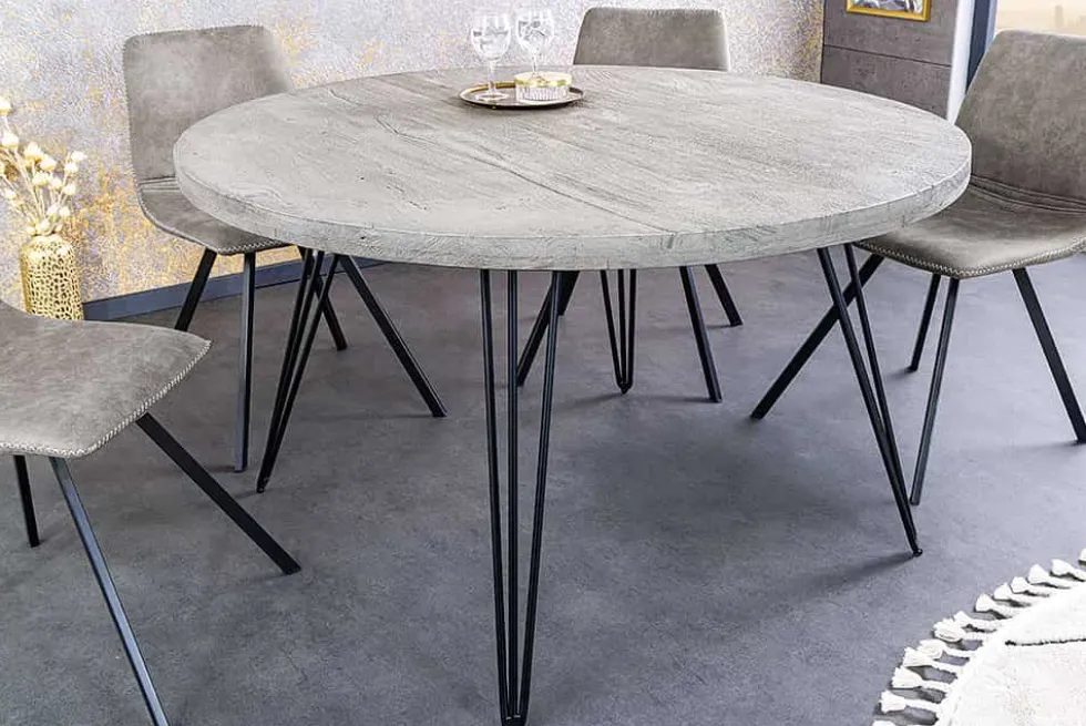 Runder Esstisch SCORPION 80cm grau Mangoholz massiv schwarze Metallbeine Hairpin Legs