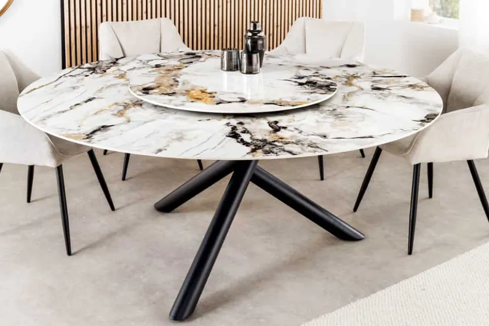 Runder Esstisch SPIN 150cm weiß grau gold 360° drehbare Servierplatte Aurora Oro Keramik