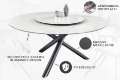 Runder Esstisch SPIN 150cm weiß mit 360° drehbarer Servierplatte Marmor Keramik schwarz