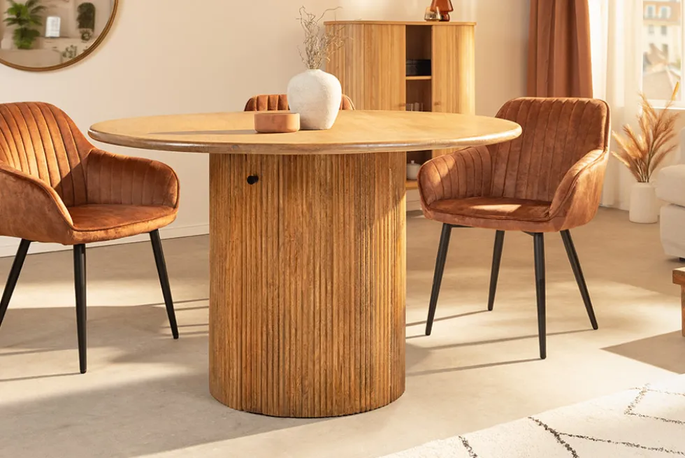 Runder Esstisch TRES CHIC 120cm braun Mangoholz Massivholz mit Stauraum