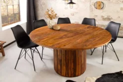 Runder Esstisch TRES CHIC 120cm braun Sheeshamholz stone finish massiv mit Säulenfuß