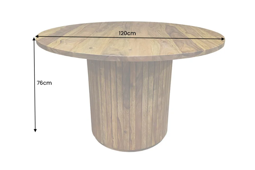 Runder Esstisch TRES CHIC 120cm braun Sheeshamholz stone finish massiv mit Säulenfuß