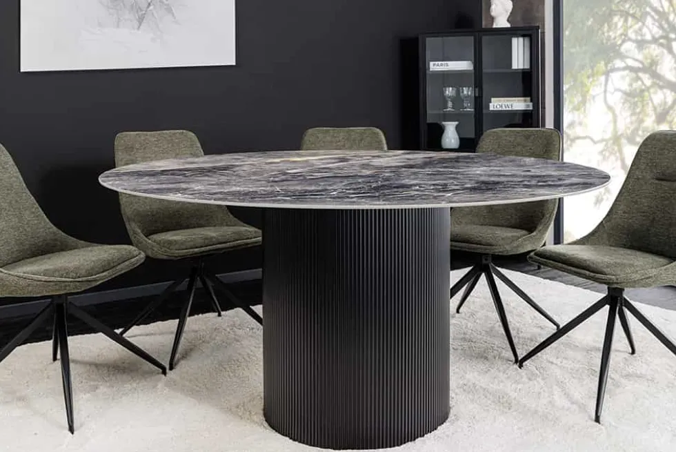 Runder Esstisch UNIQUE 120cm schwarz Keramik mit Säulenfuß