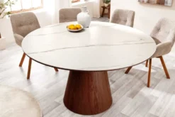 Runder Esstisch UNIQUE 120cm weiß braun Walnussholz Keramik Marmor Säulenfuß