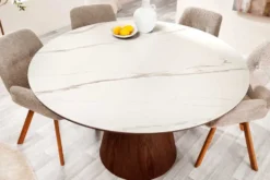 Runder Esstisch UNIQUE 120cm weiß braun Walnussholz Keramik Marmor Säulenfuß