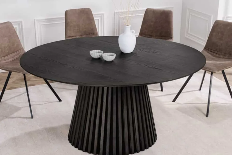 Runder Esstisch VALHALLA WOOD 120cm schwarz Eichenholz Säulenfuß