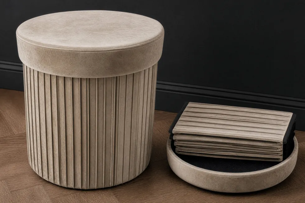 Runder Hocker ÉLAN 40cm champagner greige Samt faltbar mit Stauraum