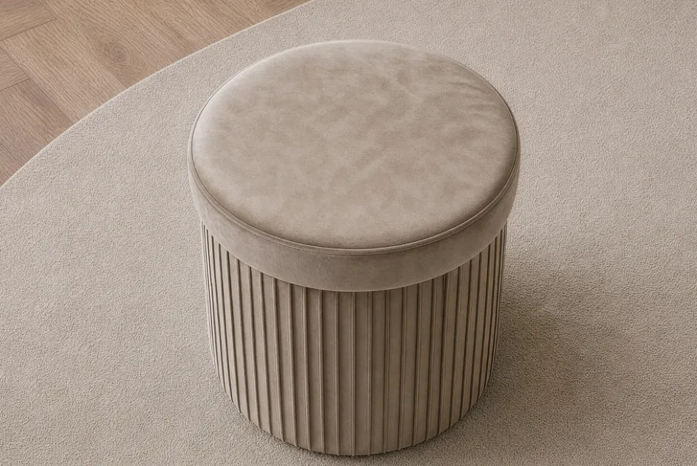 Runder Hocker ÉLAN 40cm champagner greige Samt faltbar mit Stauraum
