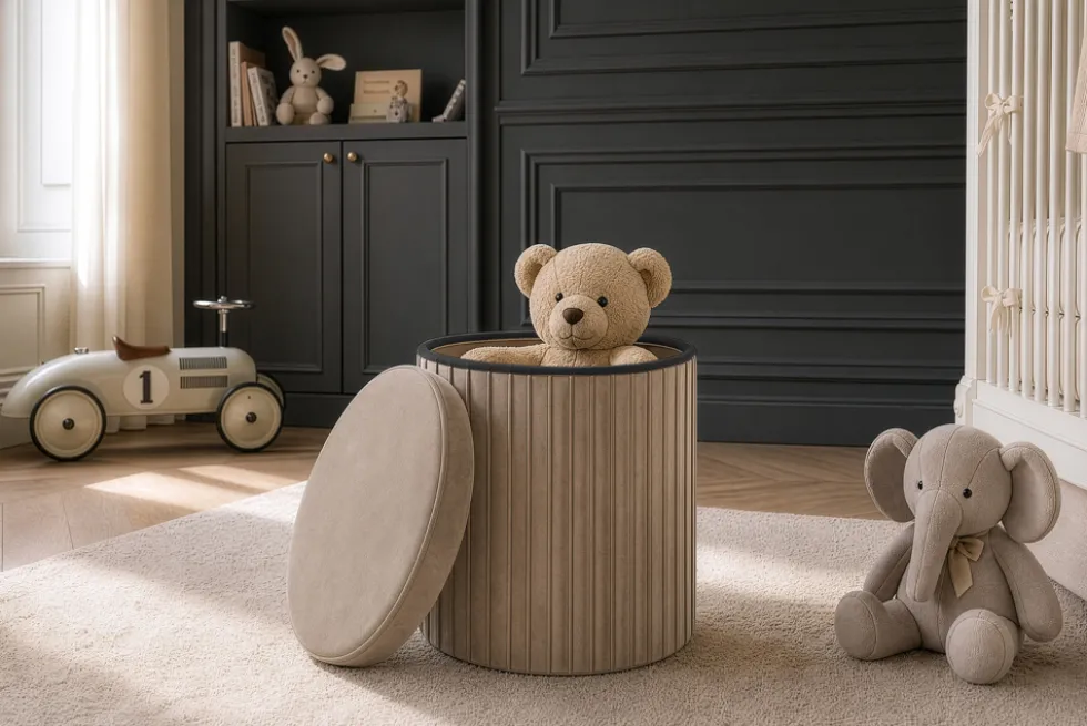 Runder Hocker ÉLAN 40cm champagner greige Samt faltbar mit Stauraum