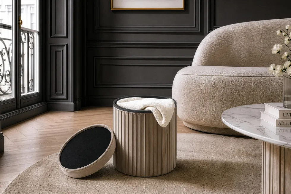 Runder Hocker ÉLAN 40cm champagner greige Samt faltbar mit Stauraum