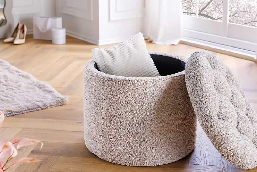 Runder Hocker MODERN BAROCK 50cm champagner Bouclé mit Stauraum