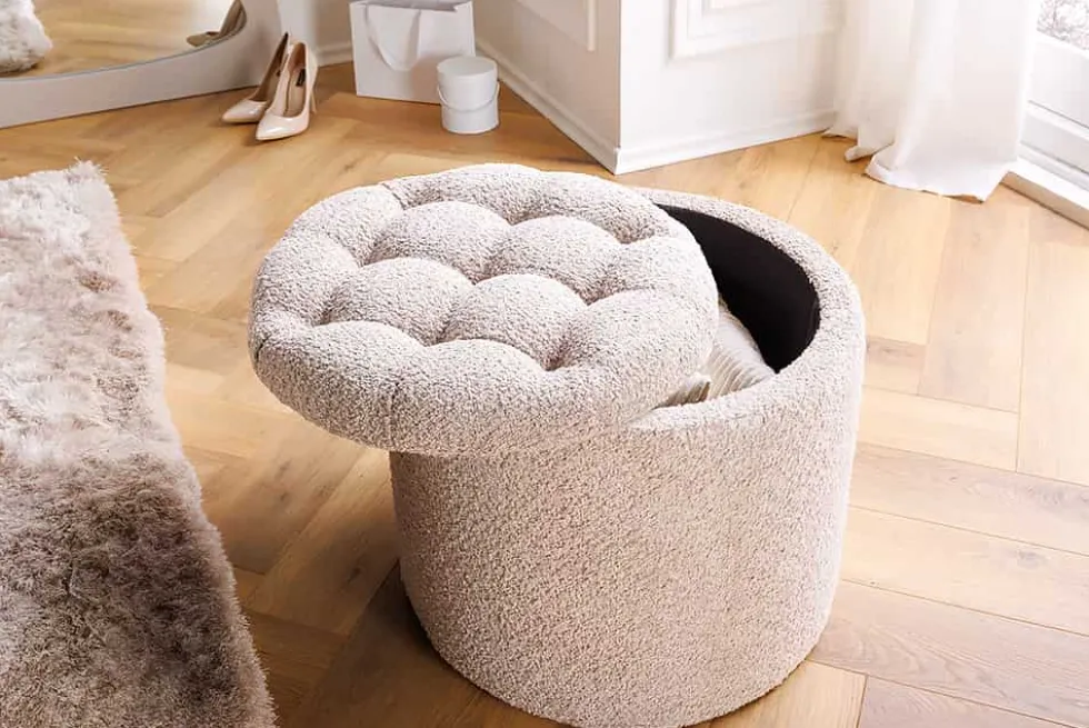 Runder Hocker MODERN BAROCK 50cm champagner Bouclé mit Stauraum