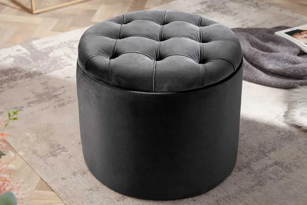 Runder Hocker MODERN BAROCK 50cm grau Samt mit Stauraum