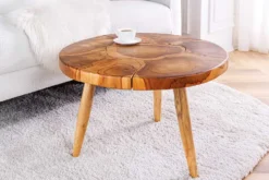 Runder Massivholz Couchtisch MOSAIK 60cm natur Teak Baumstamm handmade