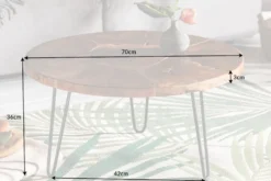 Runder Massivholz Couchtisch MOSAIK 70cm natur Teak Hairpin Legs schwarz Metall handmade