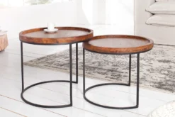 Rundes 2er Set Beistelltische ELEMENTS 55cm Akazie stone finish Metall schwarz