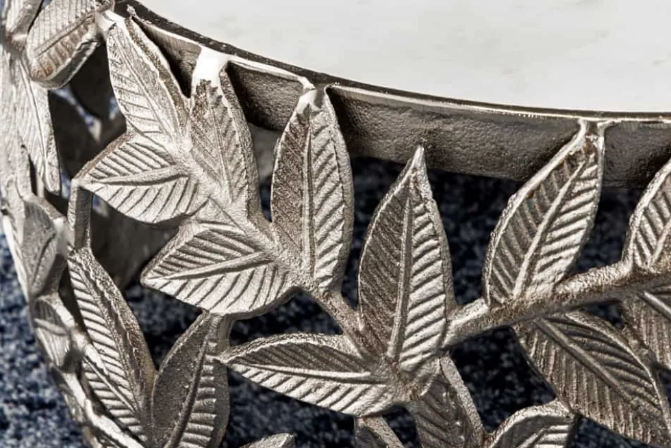 Rundes 2er Set Couchtische ABSTRACT LEAF 70cm weiß silber Marmor Metall Blatt-Design