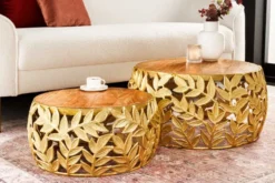 Rundes 2er Set Couchtische ABSTRACT LEAF 70cm natur gold Massivholz Akazie Metall Blatt-Design