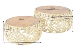 Rundes 2er Set Couchtische ABSTRACT LEAF 70cm natur gold Massivholz Akazie Metall Blatt-Design