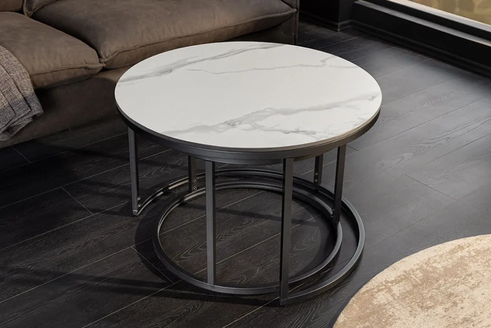Rundes 2er Set Couchtische ELEGANCE 75cm weiß Keramik schwarz Metall