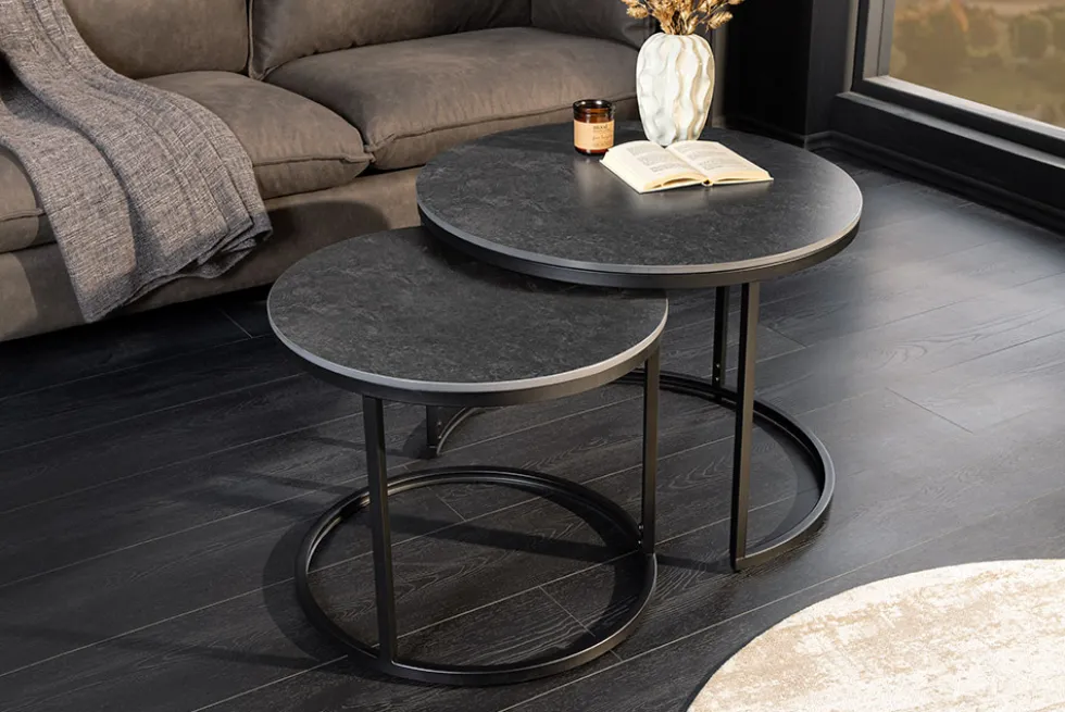 Rundes 2er Set Couchtische ELEGANCE 75cm anthrazit Keramik schwarz Metall