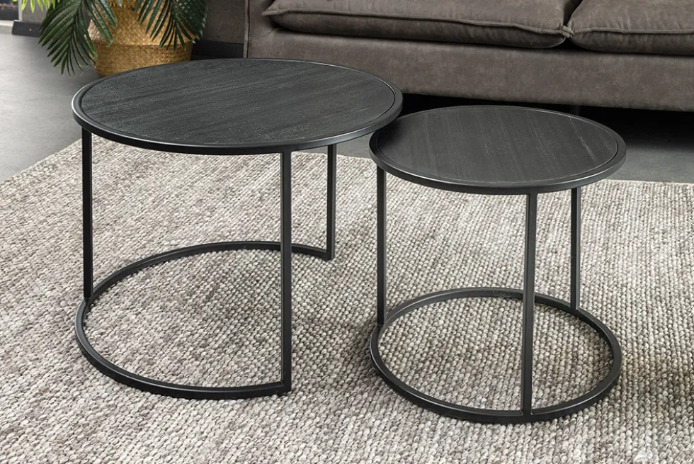 Rundes 2er Set Couchtische MOUNTAIN SOUL 60cm schwarz Naturstein Design Metall