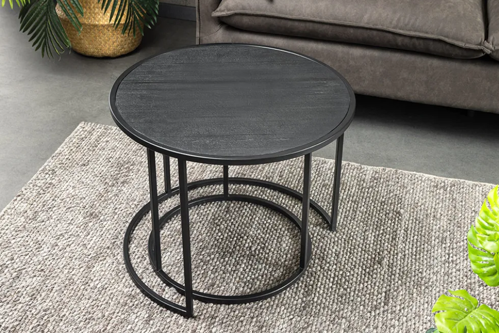 Rundes 2er Set Couchtische MOUNTAIN SOUL 60cm schwarz Naturstein Design Metall