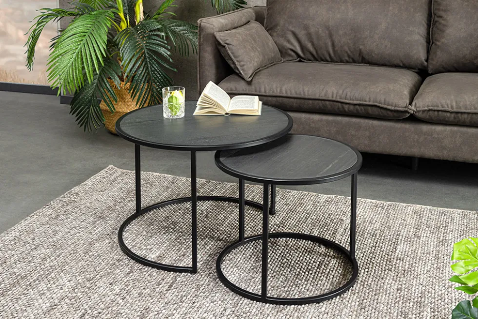 Rundes 2er Set Couchtische MOUNTAIN SOUL 60cm schwarz Naturstein Design Metall