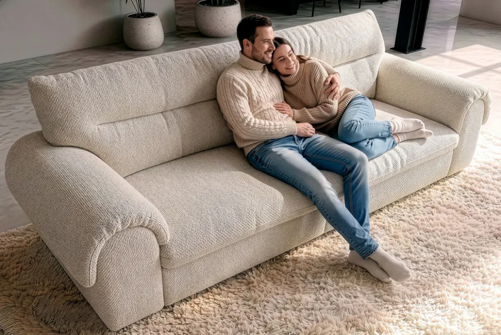 3-Sitzer Sofa SIXTH SENSE 210cm beige Bouclé-Strickstoff mit Nosagfederung und Daunenfedern