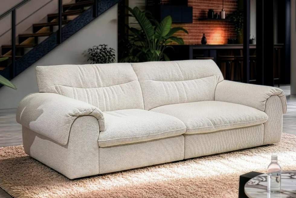 3-Sitzer Sofa SIXTH SENSE 210cm beige Bouclé-Strickstoff mit Nosagfederung und Daunenfedern