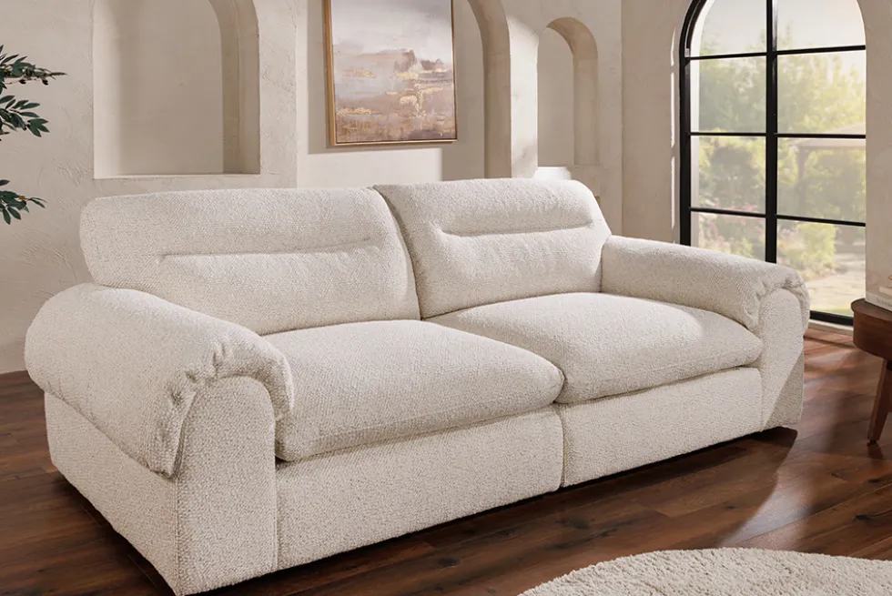 4-Sitzer Sofa SIXTH SENSE 245cm beige Bouclé-Strickstoff mit Nosagfederung und Daunenfedern
