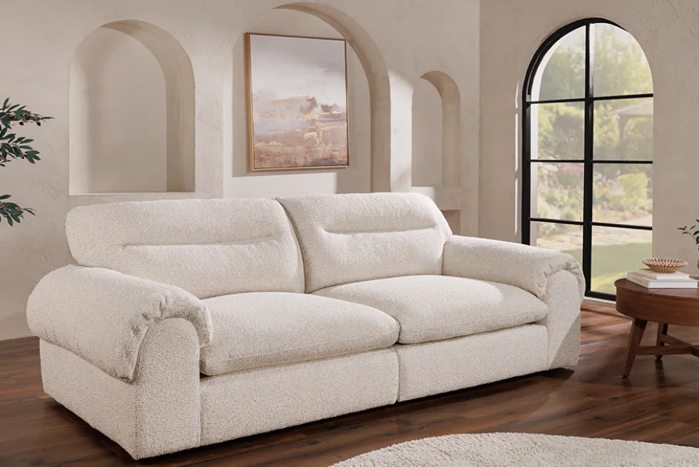 4-Sitzer Sofa SIXTH SENSE 245cm beige Bouclé-Strickstoff mit Nosagfederung und Daunenfedern