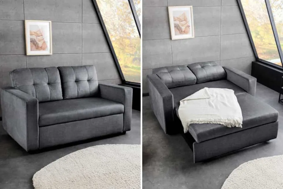 Sofa mit Schlaffunktion SMART 140cm grau hochwertiger Vogue Seiden Samtstoff
