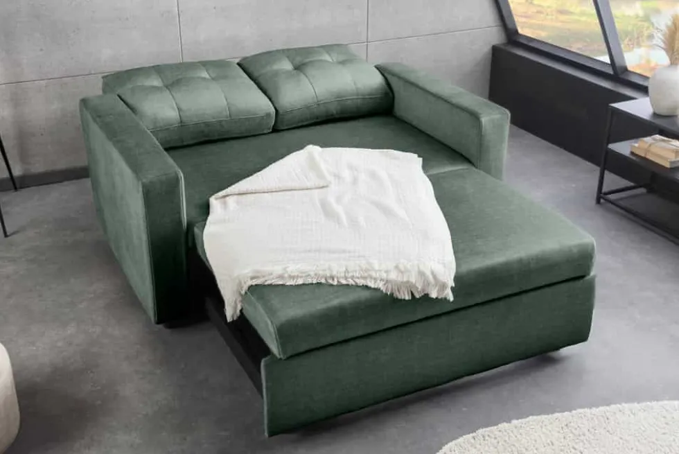 Sofa mit Schlaffunktion SMART moosgrün hochwertiger Vogue Seiden Samtstoff