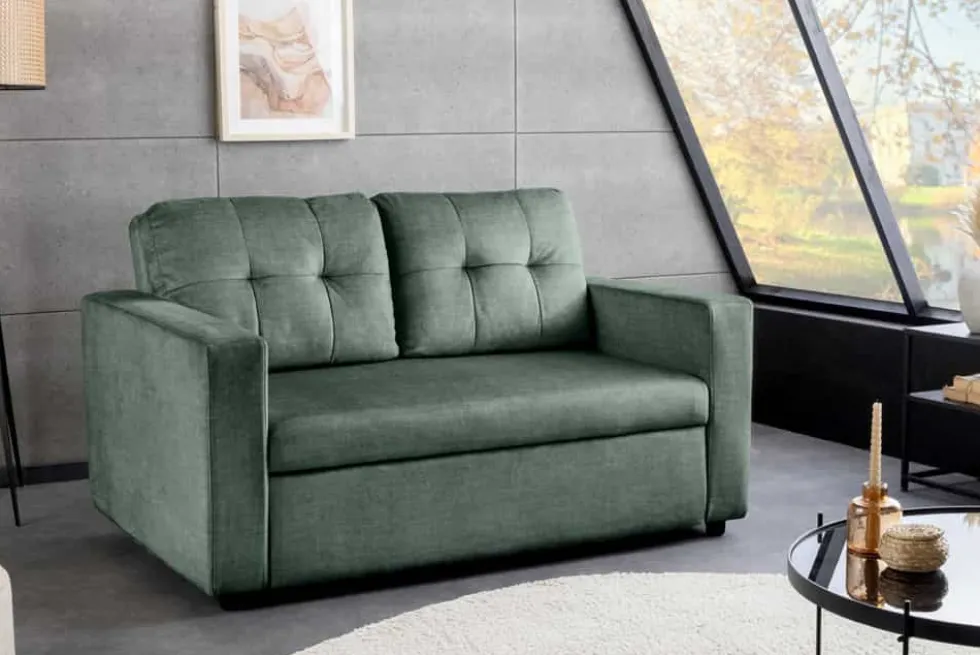 Sofa mit Schlaffunktion SMART moosgrün hochwertiger Vogue Seiden Samtstoff