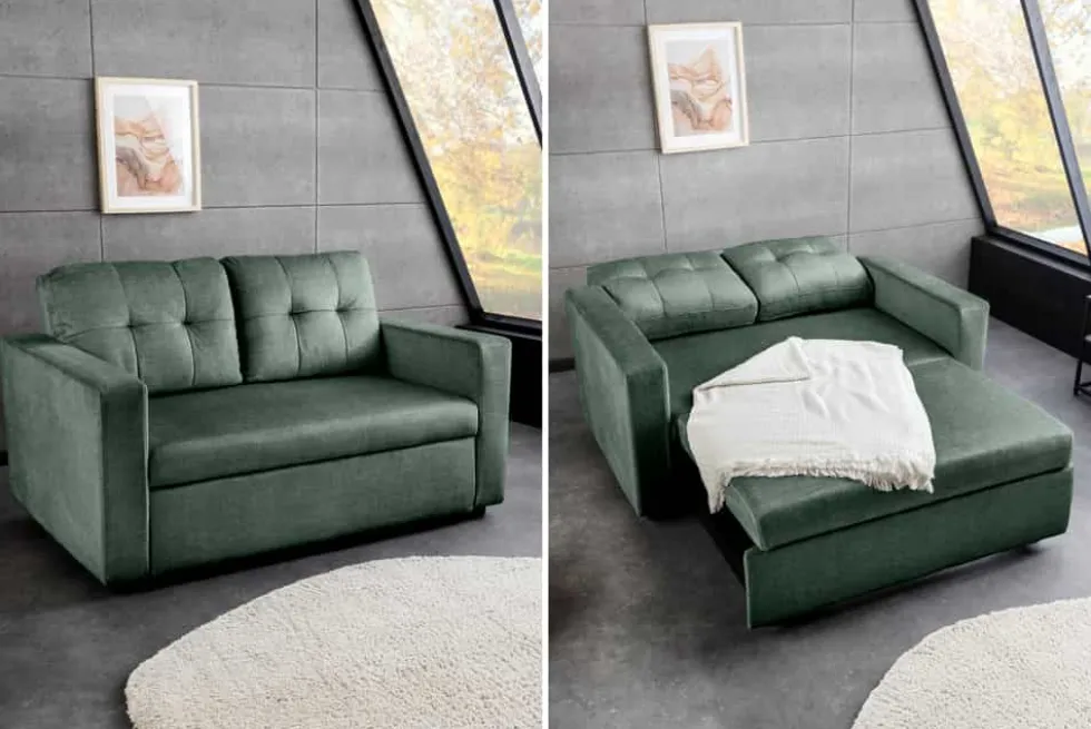 Sofa mit Schlaffunktion SMART moosgrün hochwertiger Vogue Seiden Samtstoff