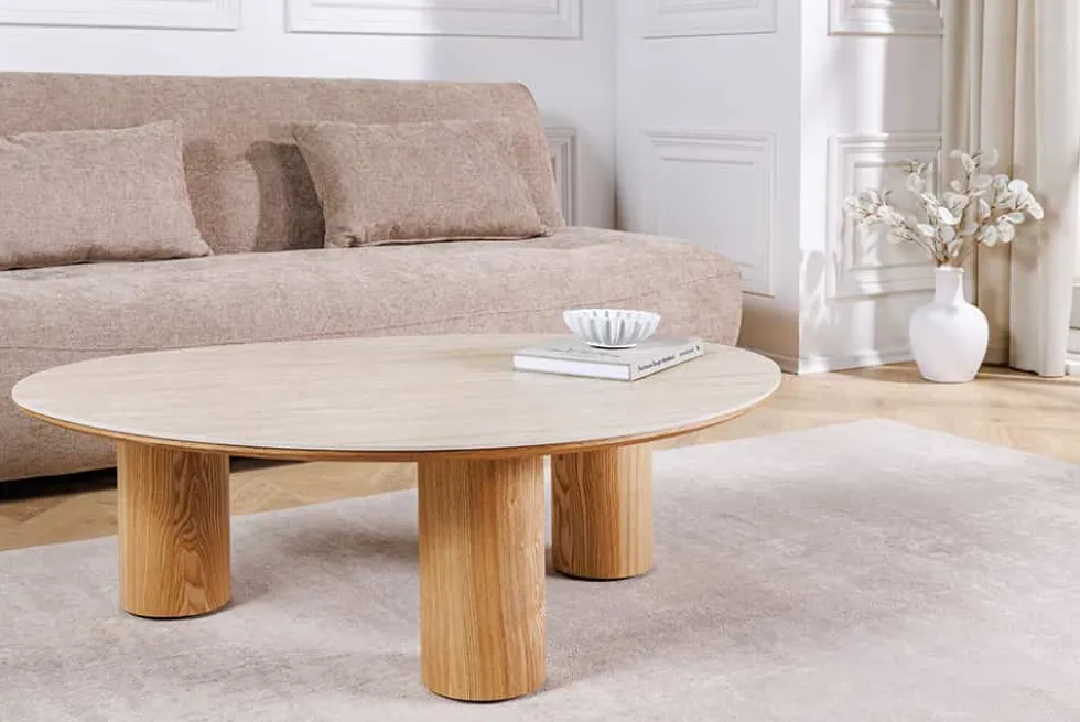 Stilvoller Couchtisch ORGANIKO 110cm natur Eiche Travertin Keramik