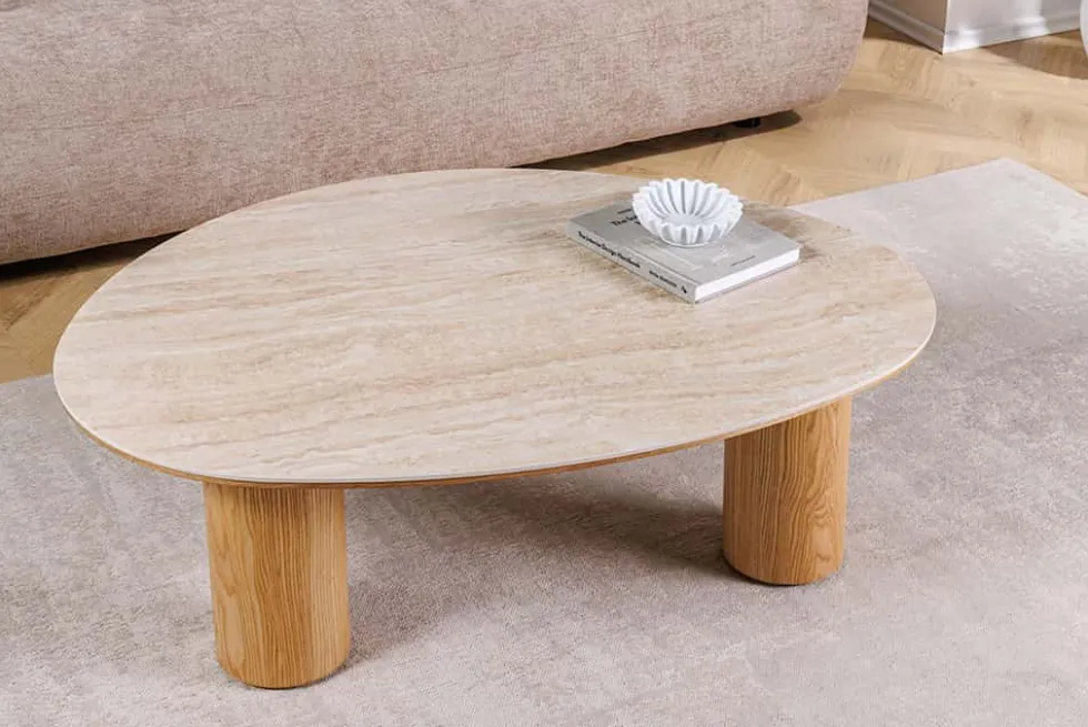 Stilvoller Couchtisch ORGANIKO 110cm natur Eiche Travertin Keramik