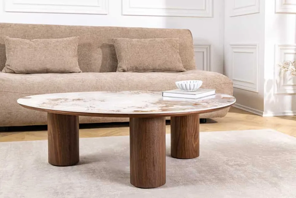 Stilvoller Couchtisch ORGANIKO 110cm weiß braun Walnuss Pandora Keramik