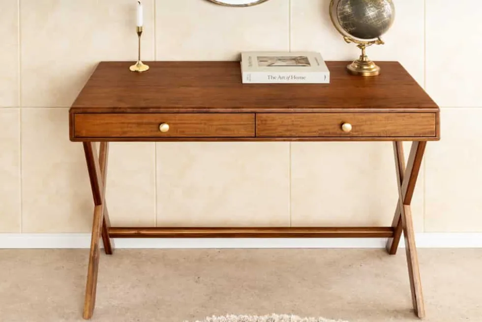 Stilvoller Konsolentisch SECRETARIO 110cm braun Akazie gold mit Schubladen